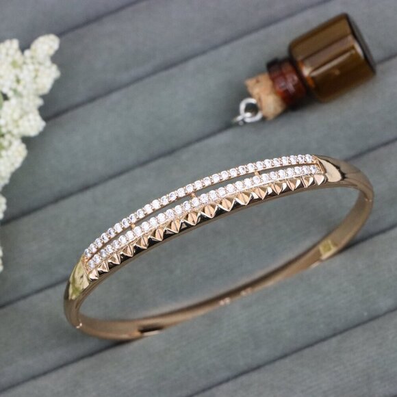 Rose Gold Bangle with Dual CZ Rows and Stud Detail, XPBL0539 - Picture 10 of 12